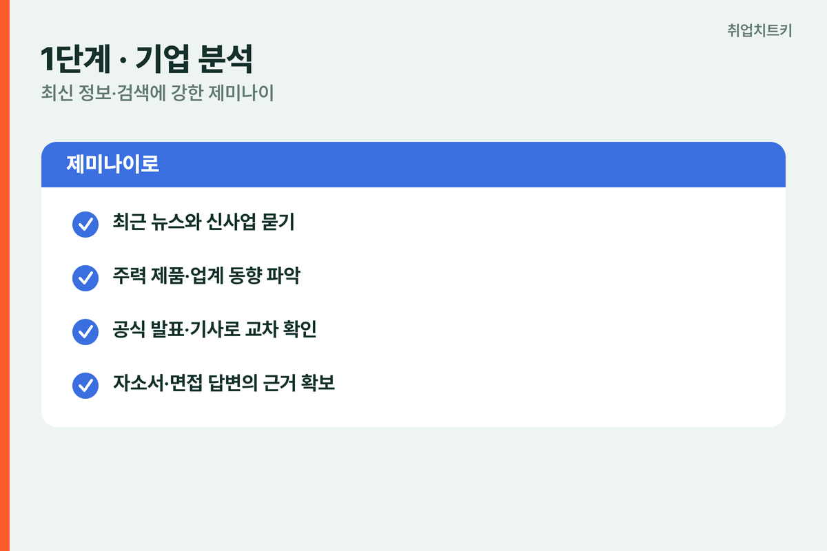 취업 AI 활용 1단계 기업분석 제미나이 최근 뉴스 신사업 주력제품 업계 동향 교차 확인