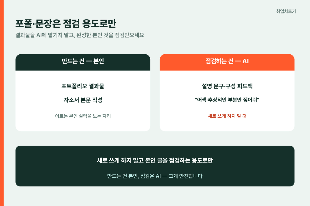 포폴·문장은 점검 용도로만 — 만드는 건 본인, 점검은 AI