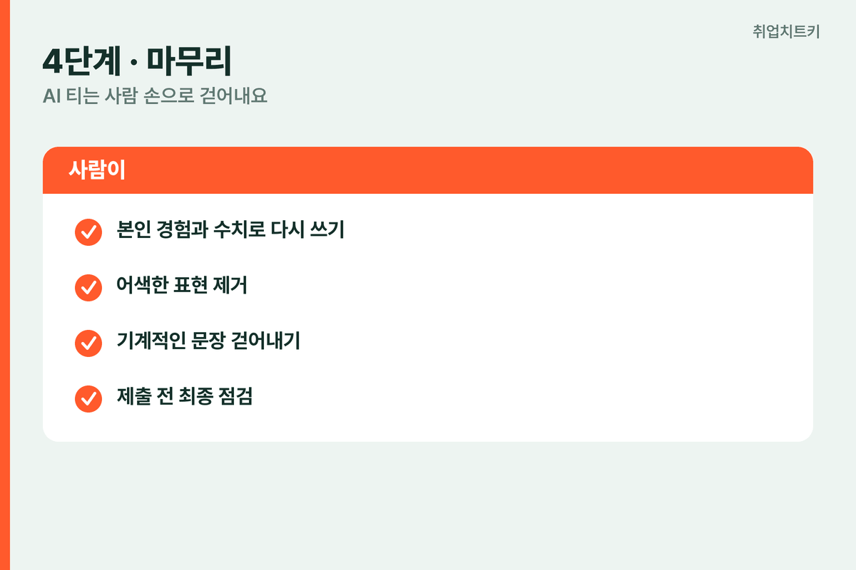 취업 AI 활용 4단계 사람 마무리 AI 티 제거 본인 경험 수치 어색한 표현 기계적 문장