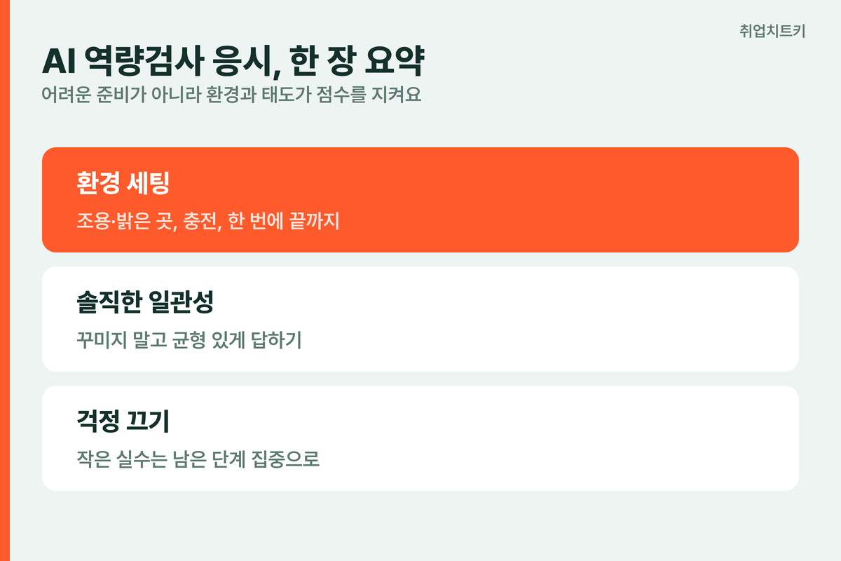 AI 역량검사 응시 한 장 요약 환경 세팅 솔직한 일관성 작은 실수 걱정 끄기