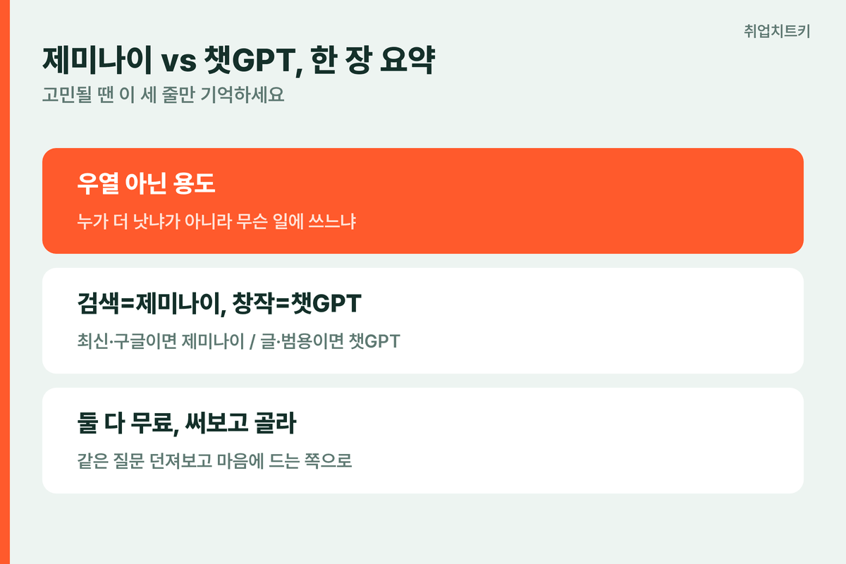 제미나이 vs 챗GPT 한 장 요약 우열 아닌 용도 무료로 둘 다 써보고 선택