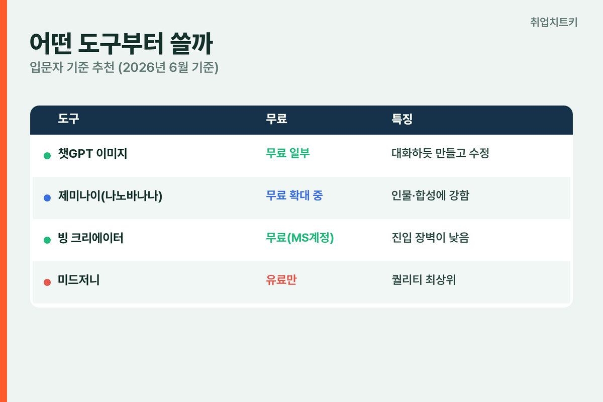 AI 그림 도구 비교 챗GPT 제미나이 나노바나나 빙 크리에이터 미드저니 무료 유료