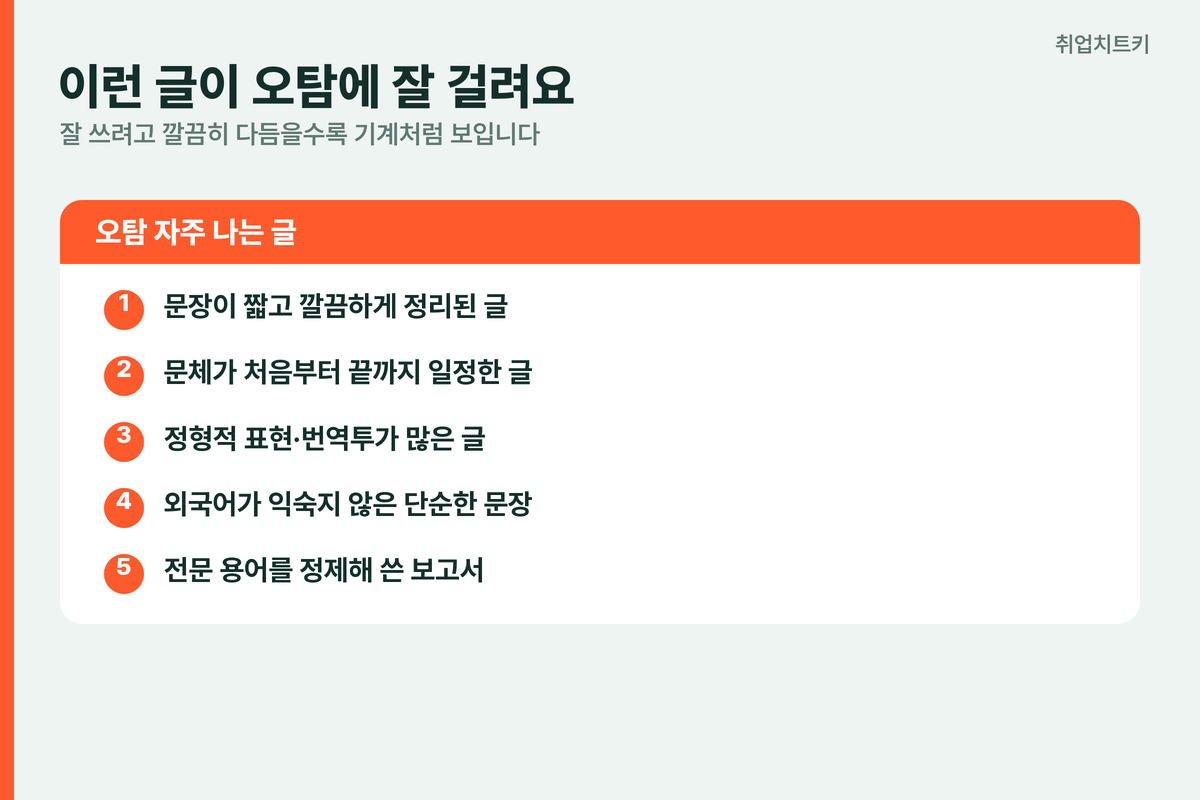AI 오탐 잘 걸리는 글 5가지 짧고 단정 일정한 문체 번역투 비원어민 정제된 보고서