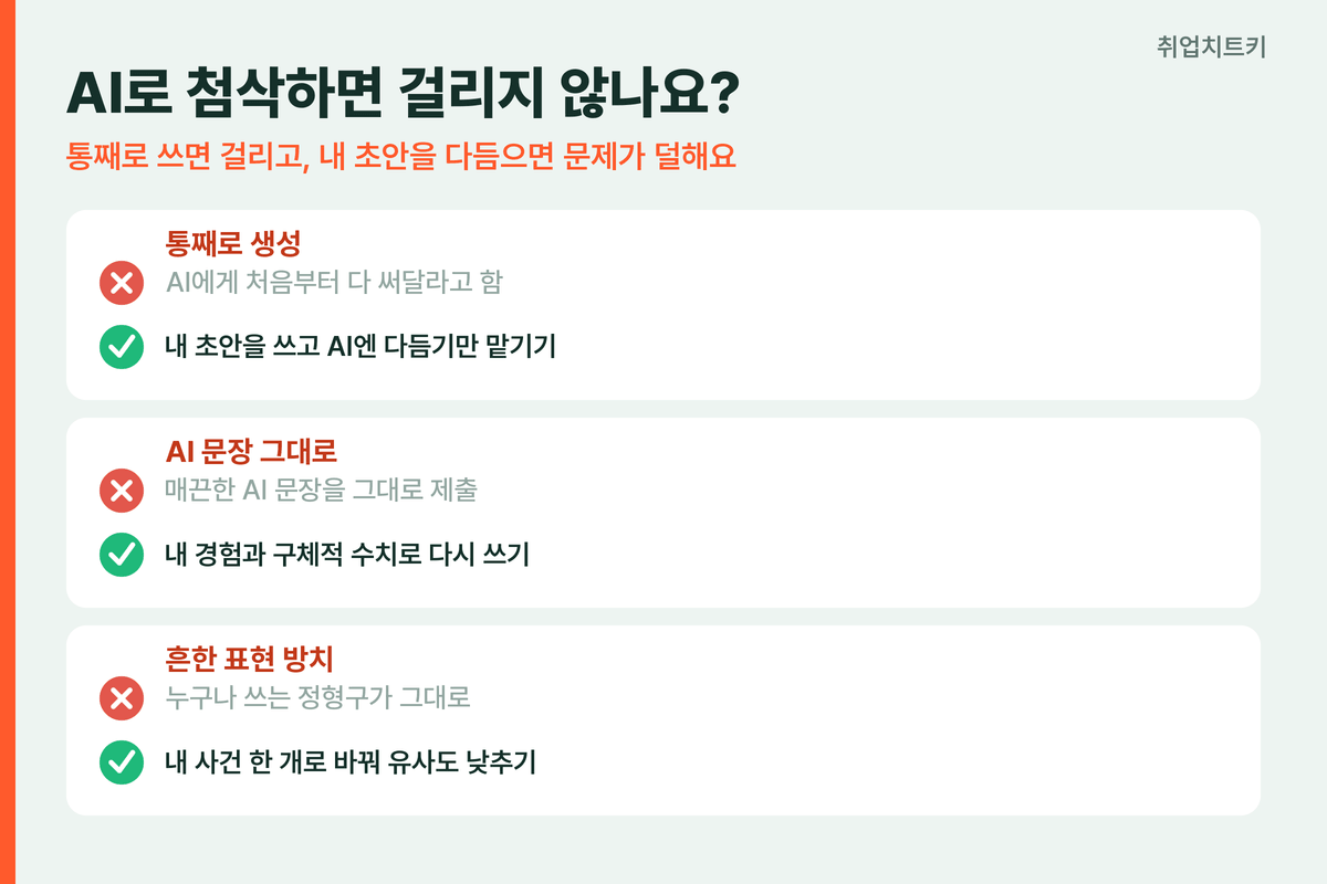 AI 자소서 첨삭 걸림 안전 통째로 생성 걸림 초안 다듬기 내 경험 수치 재작성