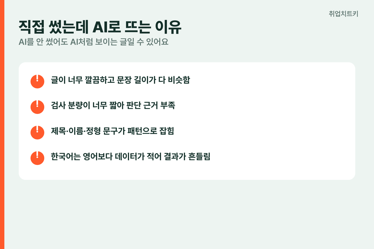 GPT킬러 오탐 원인 너무 깔끔 분량 짧음 정형 문구 한국어 데이터 적음