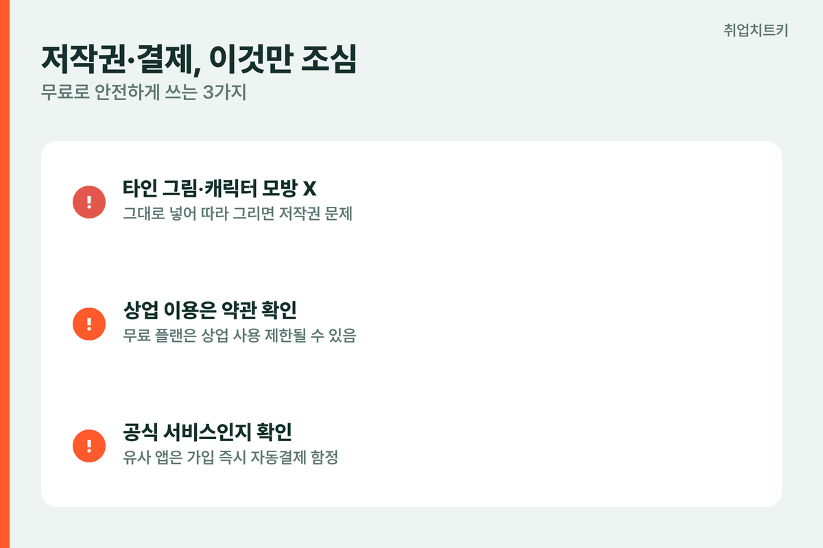 AI 이미지 저작권 결제 함정 타인 그림 모방 금지 상업이용 약관 공식 서비스 확인
