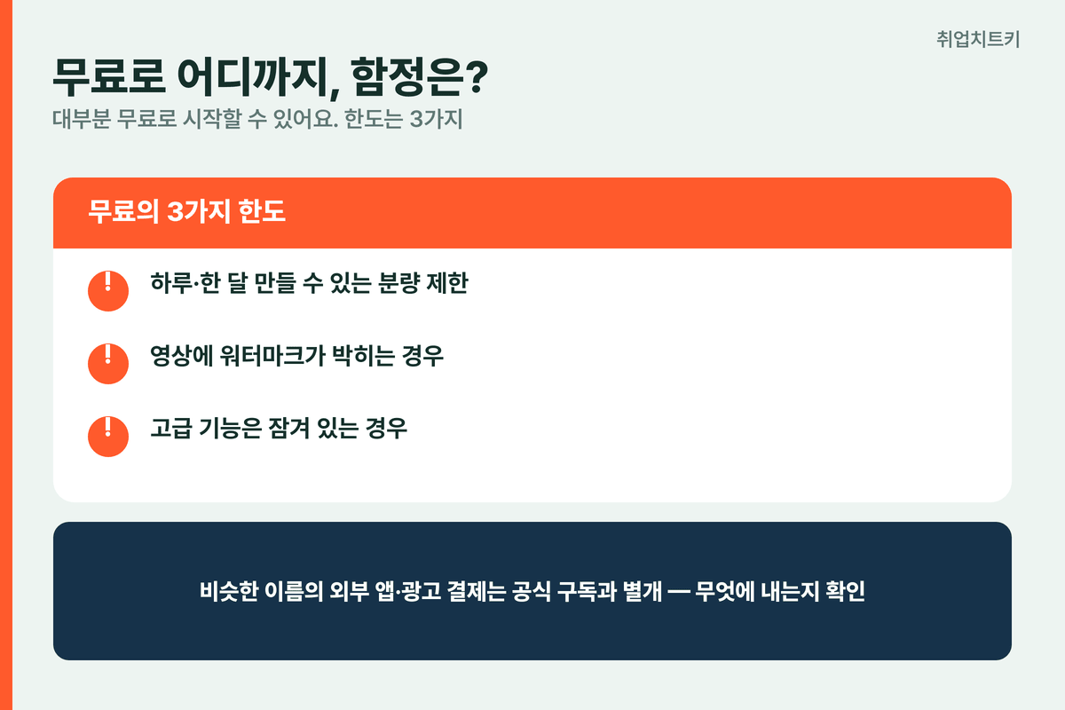 AI 영상 무료 한도 분량 제한 워터마크 고급 기능 잠금 외부 앱 결제 주의