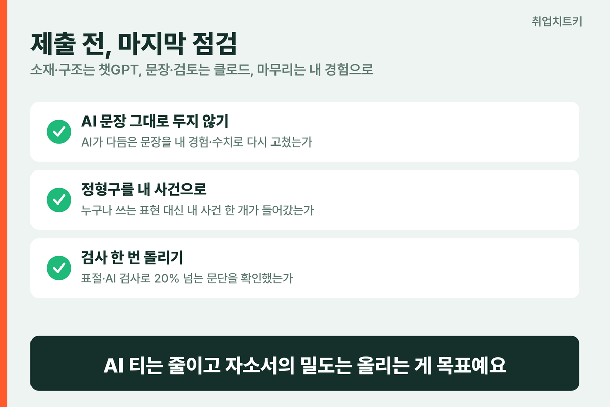 자소서 첨삭 AI 한 장 요약 챗GPT 클로드 갈라 쓰기 소재 구조 문장 검토 체크리스트