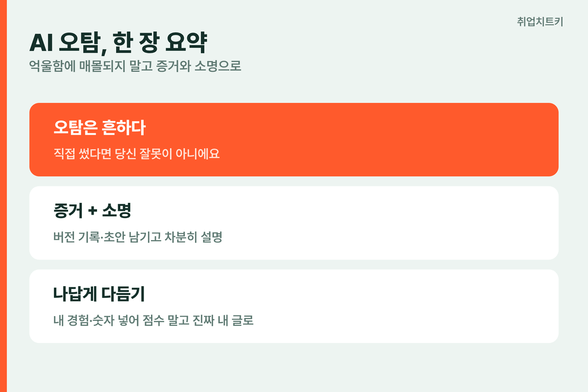 AI 오탐 한 장 요약 네 잘못 아님 과정 증빙 차분히 소명 나답게 다듬기