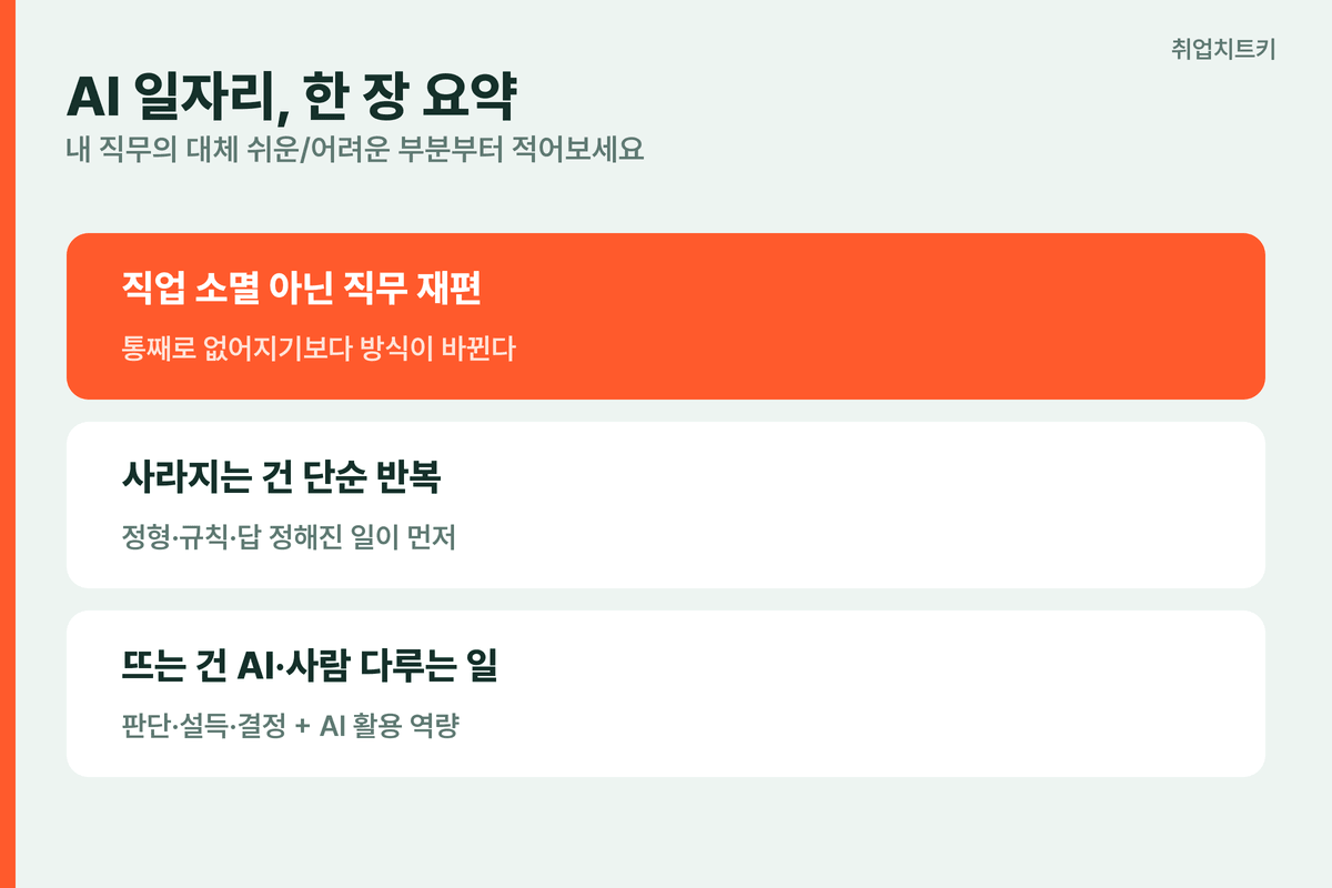 AI 일자리 한 장 요약 직업 소멸 아닌 직무 재편 단순 반복은 대체 판단 사람 AI 활용은 생존