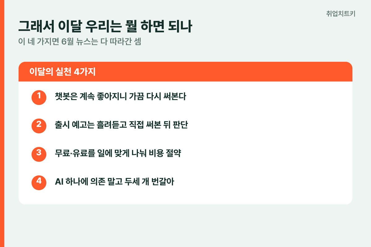6월 AI 뉴스 실천 4가지 가끔 다시 써보기 예고 흘려듣기 무료 유료 나누기 여러 AI 번갈아