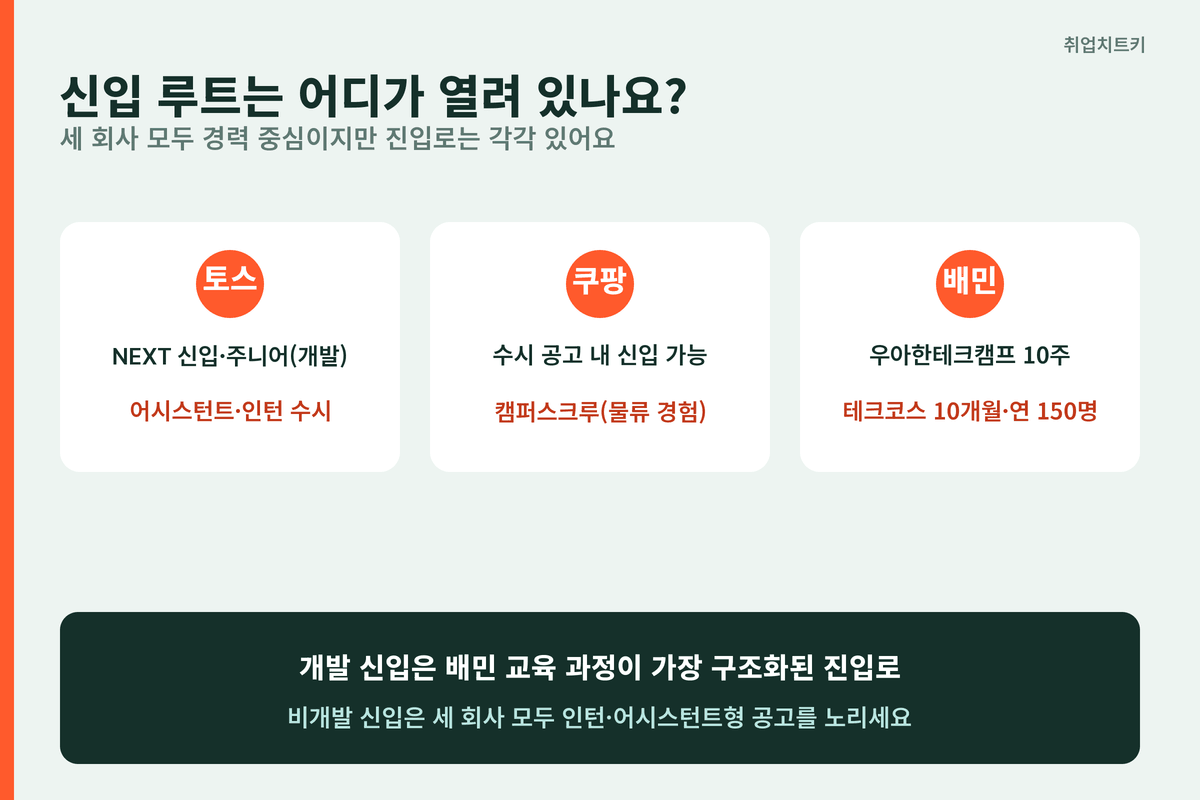 토스 쿠팡 배민 신입 루트 비교