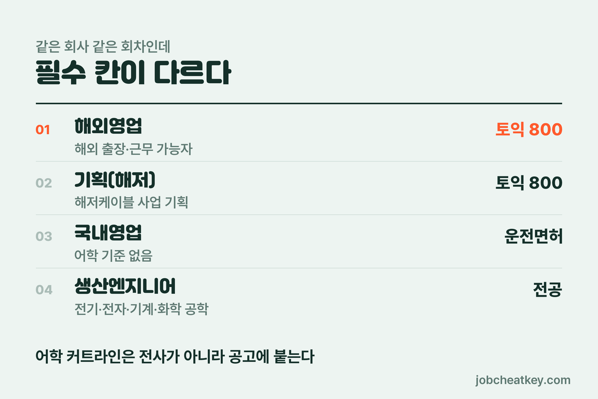대한전선 채용 직무별 필수 요건 비교
