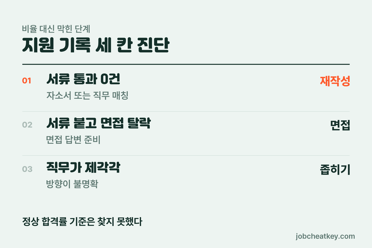 서류 탈락 재지원 지원 기록 세 칸 진단표